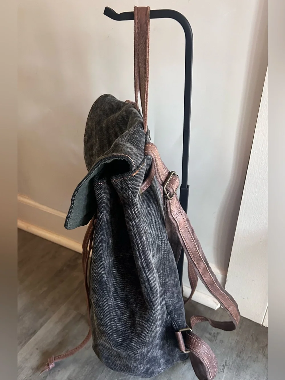 Vintage Addiction Cotton Canvas Leather Backpack Gray Brown Travel Rucksack